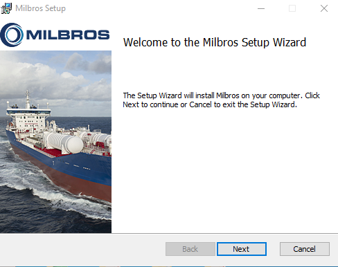 Screenshot of the Milbros Setup Wizard starting screen