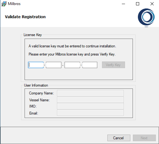 Screenshot of the Validate Registration screen of the Milbros Setup Wizard