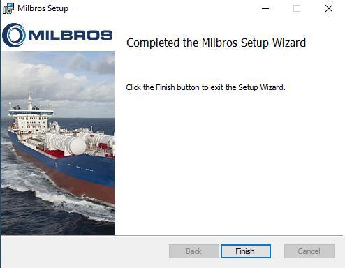 Screenshot of the Milbros Setup Wizard completion screen