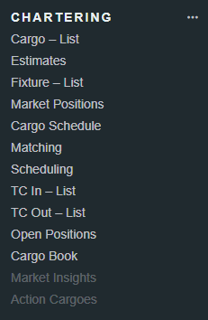 A screenshot of the Chartering menu in VIP showing Market Insights and Action Cargoes grayed out because the configuration flag has not been enabled