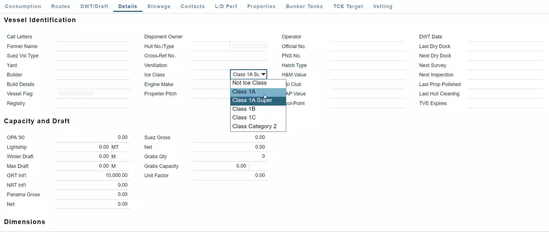 Ice class list on the Vessel Details tab in the IMOS Platform