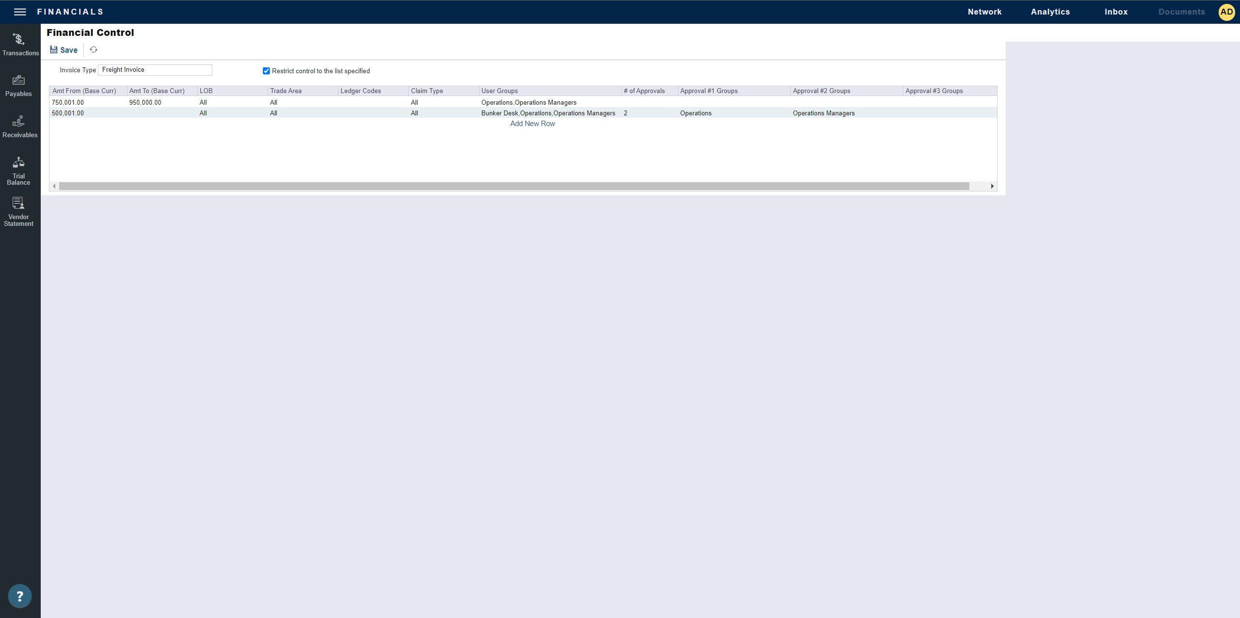 Screenshot showing the Financial Control form