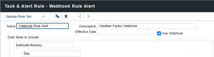 Screenshot of the Task and Alert edit rules form showing the Use Webhook checkbox