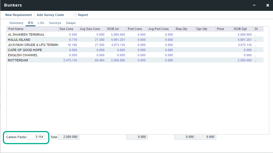 Carbon Factor field on the Voyage Bunkers screen in the Veson IMOS Platform