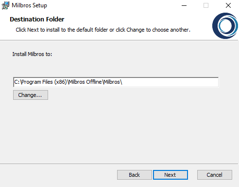 Screenshot of the Destination Folder step of the Milbros Setup Wizard