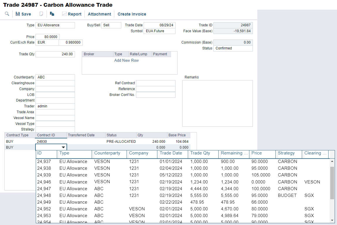 Corresponding trades in the IMOS Platform's Carbon Allowance Trade grid