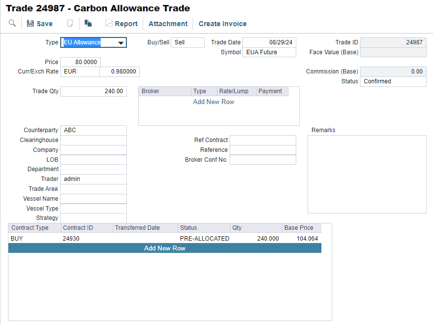 Add New Row option in the IMOS Platform Carbon Trade Allowance grid