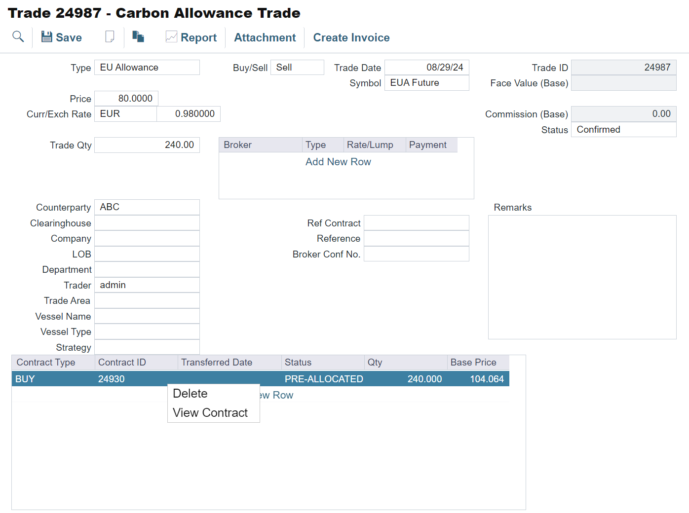 View Contract in the IMOS Platform Carbon Allowance Trade grid