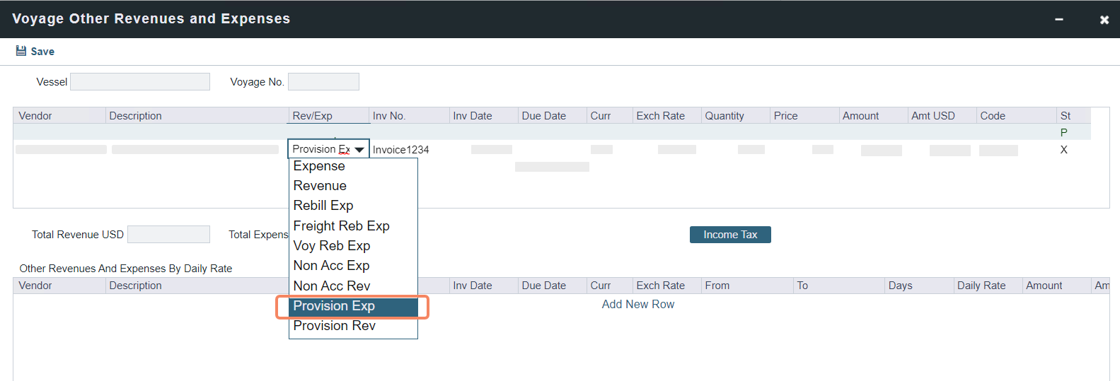 Provision Exp option in Voyage Other Revenues and Expenses in VIP