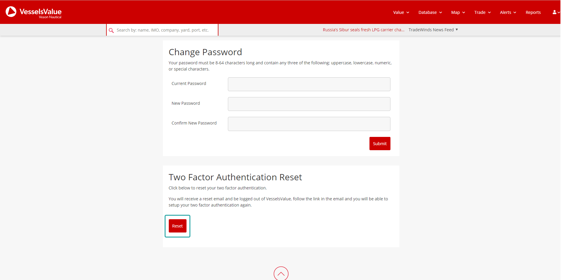 Location of the Two Factor Authentication Reset section in the Account Settings page