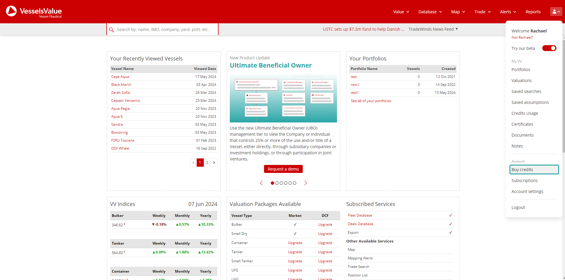 An example of the placement of the buy credits link within the account dropdown on our main navigation on the VesselsValue platform