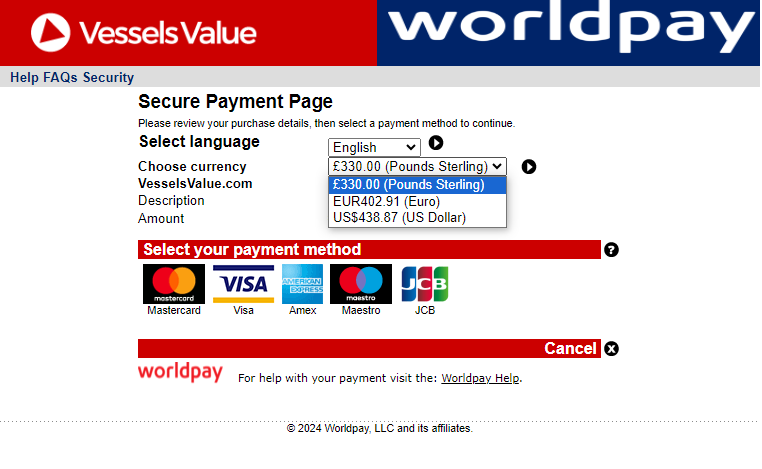 An example of our WorldPay payment page for selecting your currency and payment method when purchasing credits. Screenshot accurate as of 7th June 2024 