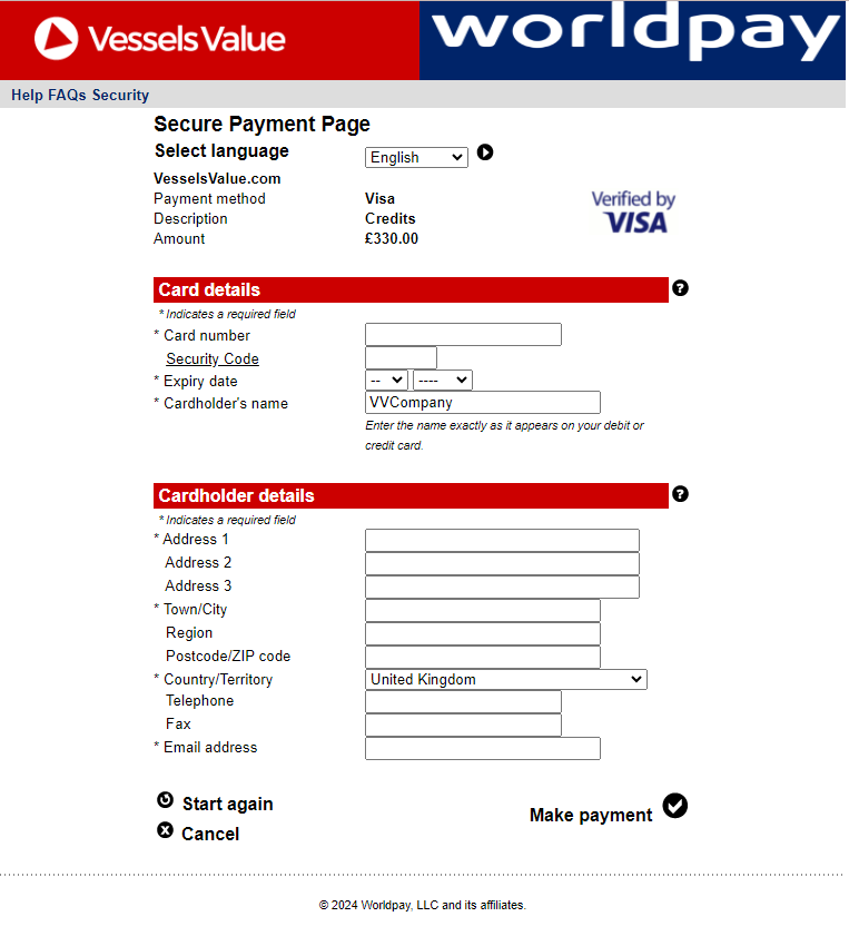 An example of our WorldPay payment page for filling out your cardholder details when purchasing credits. Screenshot accurate as of 7th June 2024 