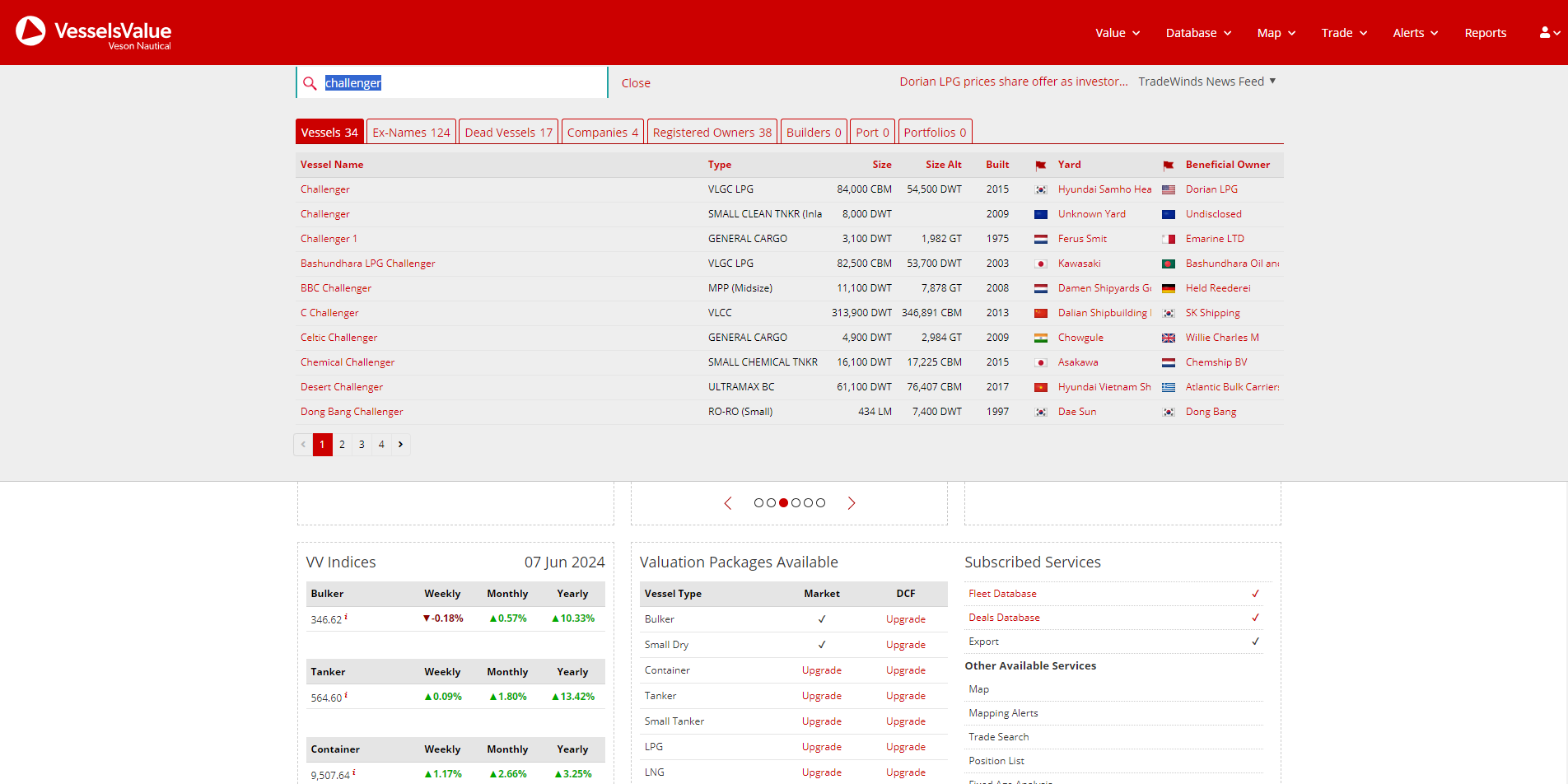 An example of searching for a vessel within the VesselsValue platform through our quick search.