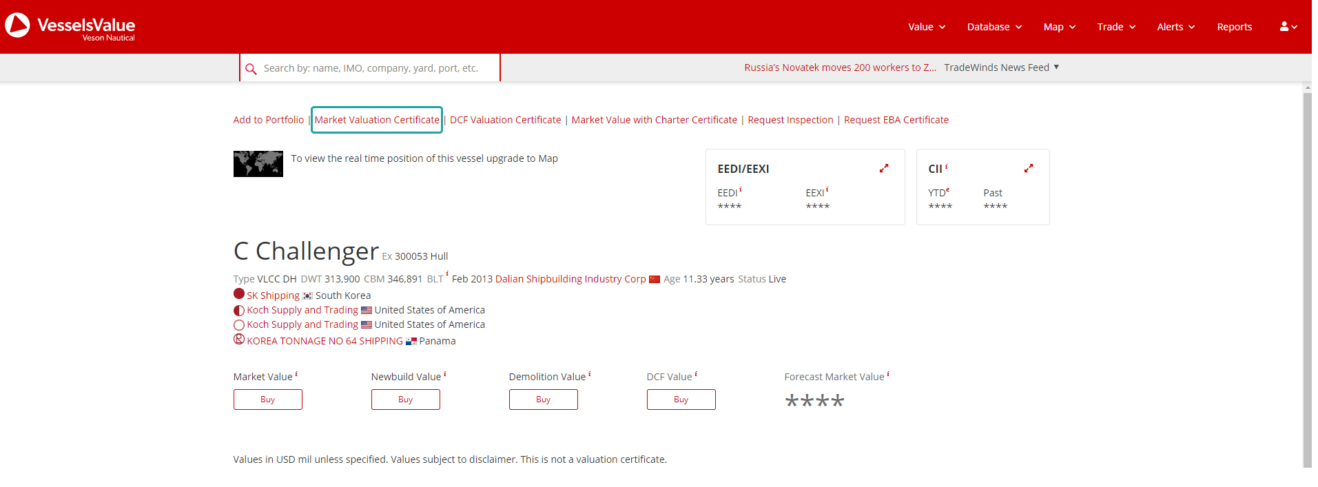 An example of where the Market Valuation Certificate link is located at the top of the vessel page