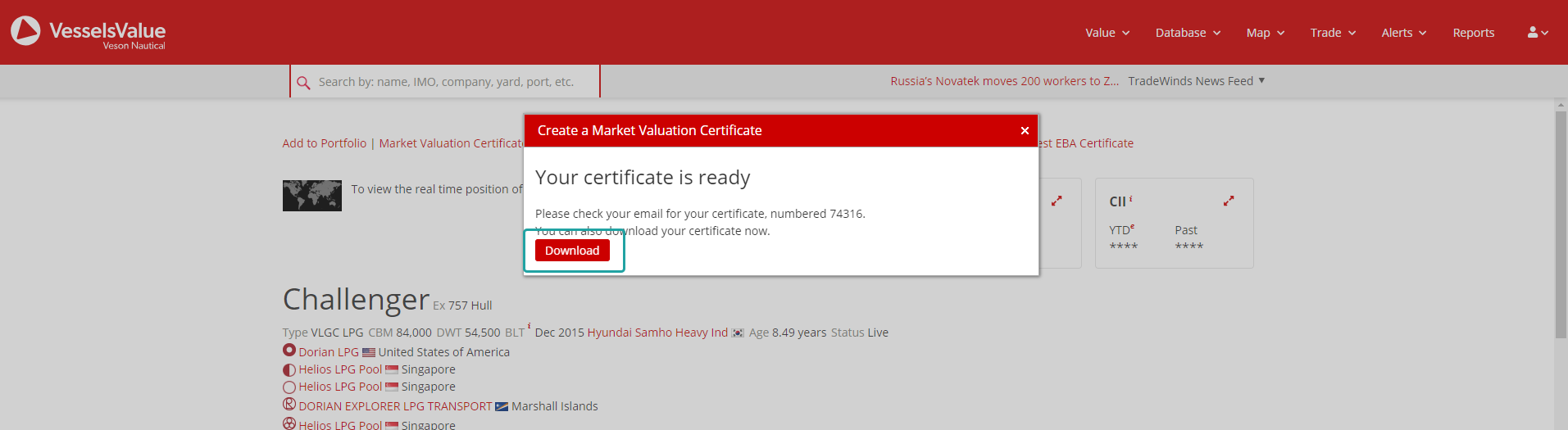 An example of the confirmation of purchasing a Market Valuation Certificate popup which occurs after you have completed your purchase and the certificate is ready for you to download.