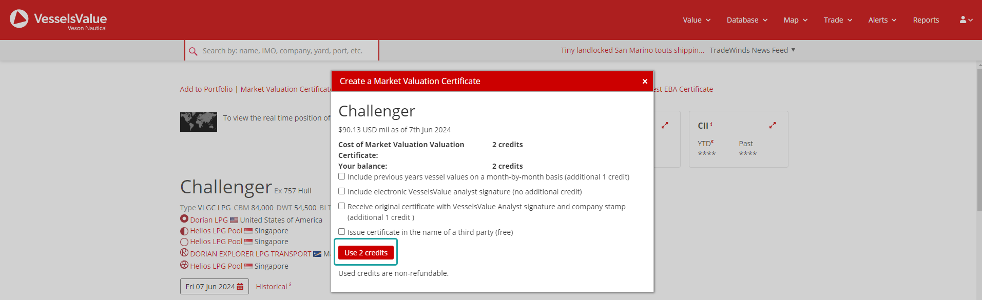 An example of the purchase a Market Valuation Certificate popup which is triggered after pressing the link at the top of the page.