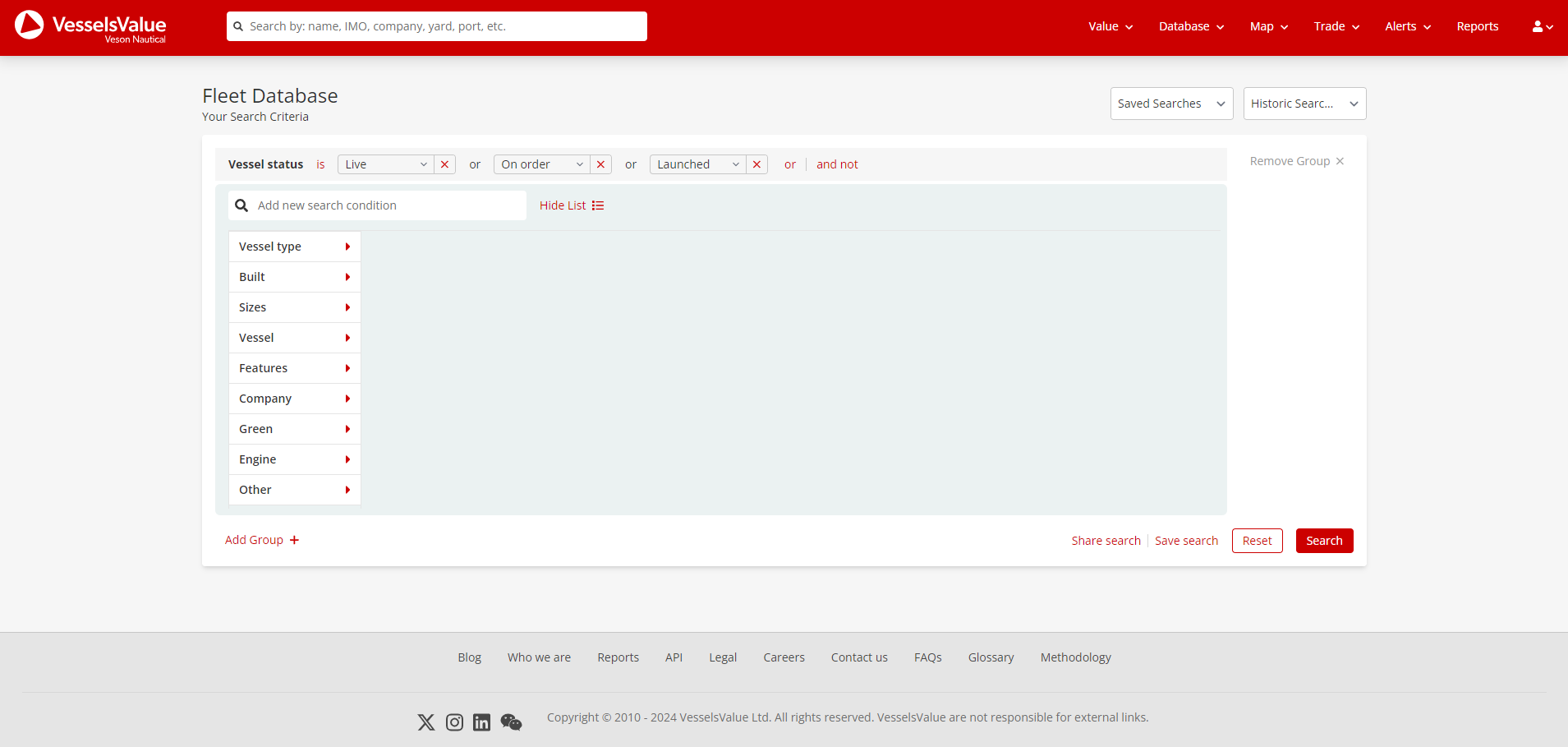 Screenshot of the Fleet Database search criteria page with the search criteria set to default