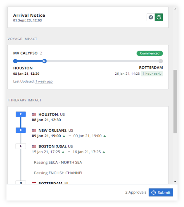 A VVR Noon Report showing voyage impact in IMOS X