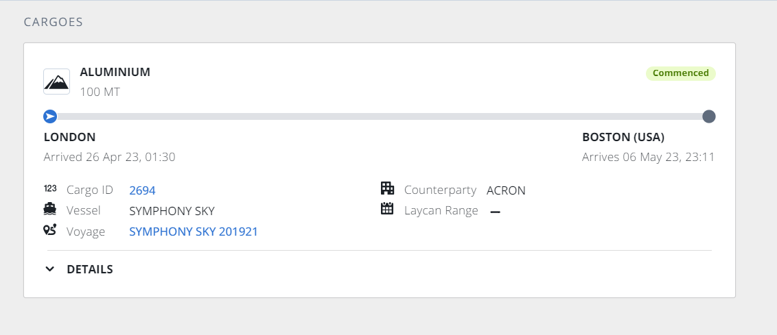 Cargo card in IMOS X Voyages