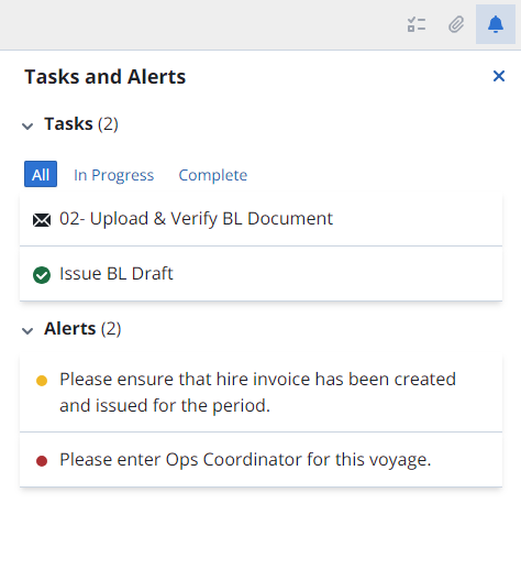 Tasks and Alerts in the IMOS X Voyages workspace