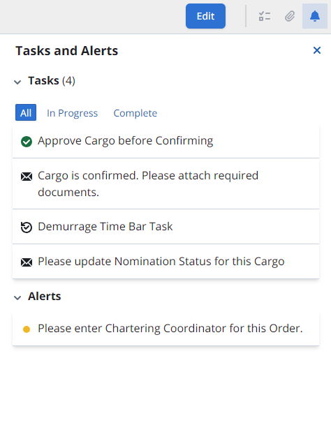 Tasks and Alerts in the IMOS X Cargoes workspace