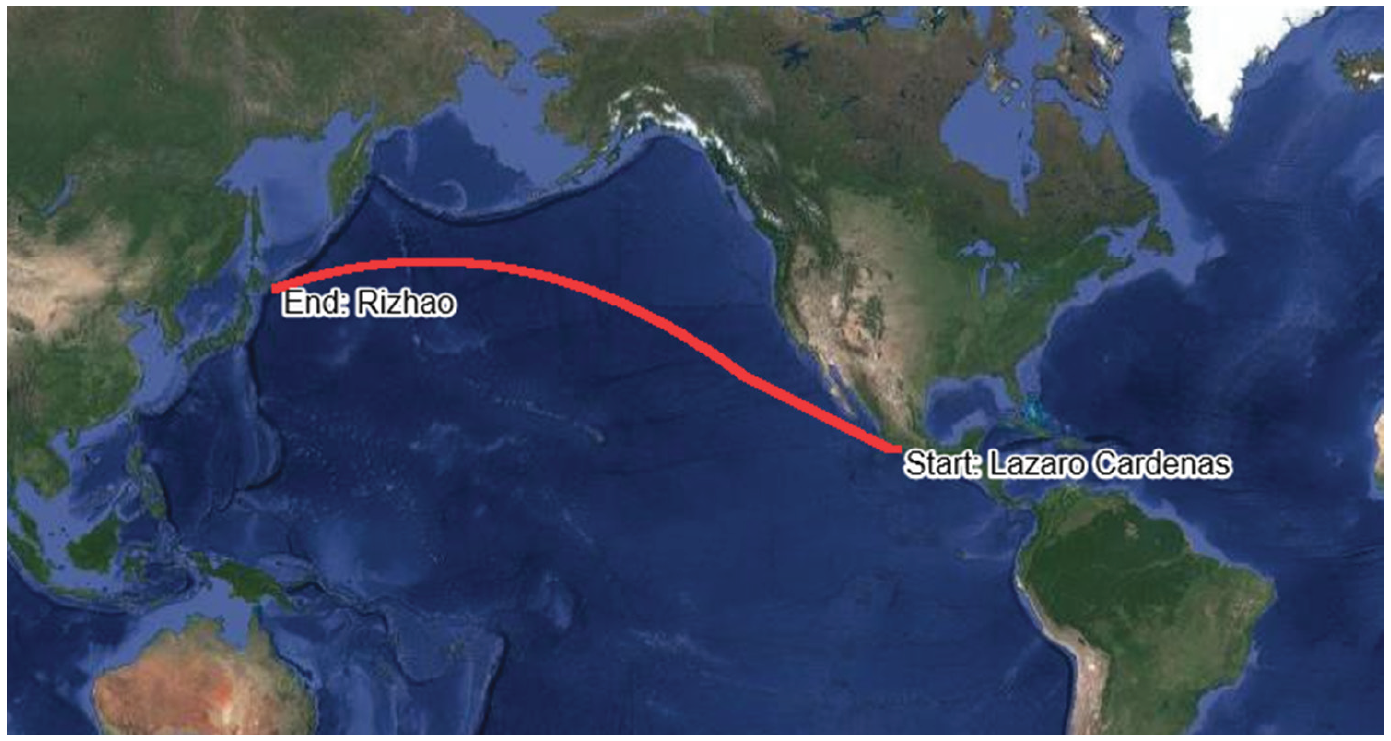 Bulk Carrier crossing the Pacific. 32,295 AIS Signals were used to construct this 22 day voyage