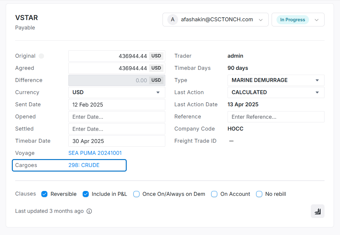 Cargo link in the IMOS X claim