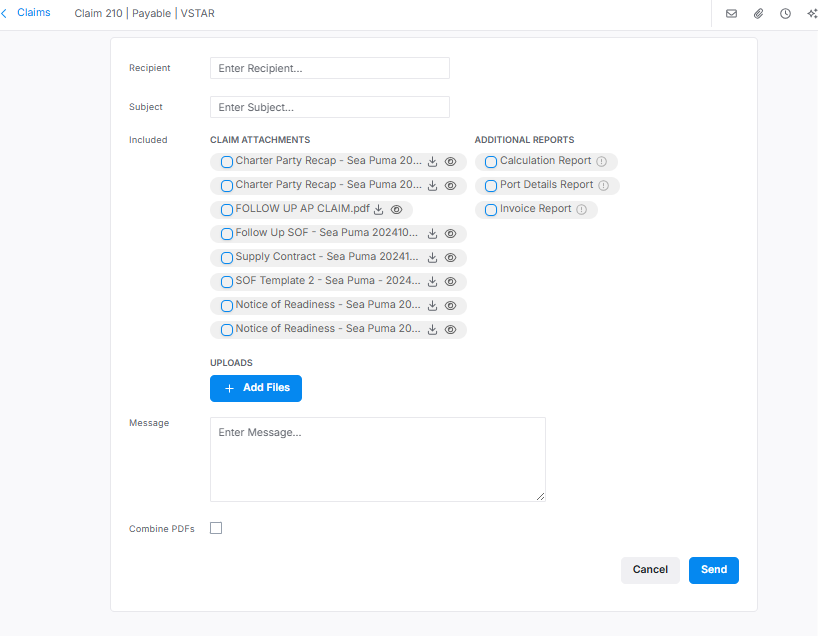 IMOS X send a claim screen