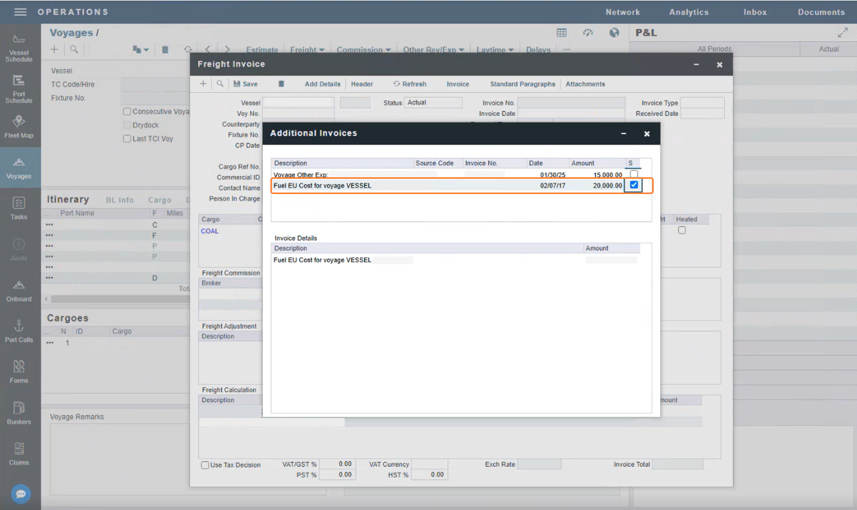 FuelEU costs in the Freight Invoice in the IMOS Platform