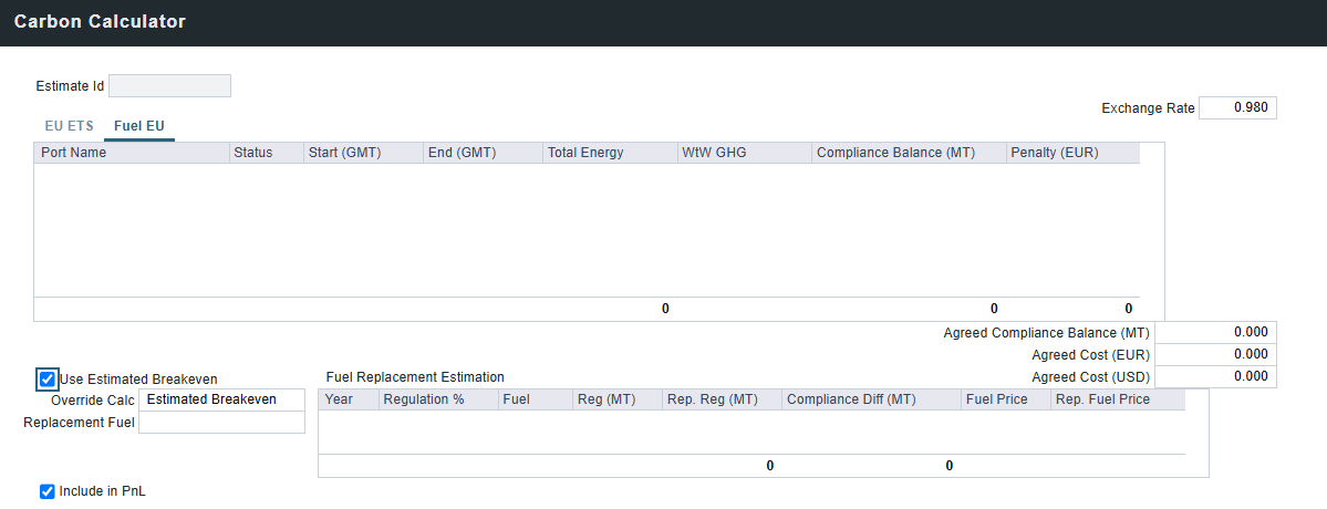 FuelEU tab of the Carbon Calculator in the IMOS Platform