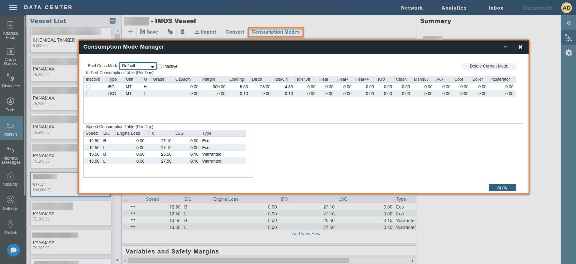 Consumption Mode Manager form in the IMOS Platform