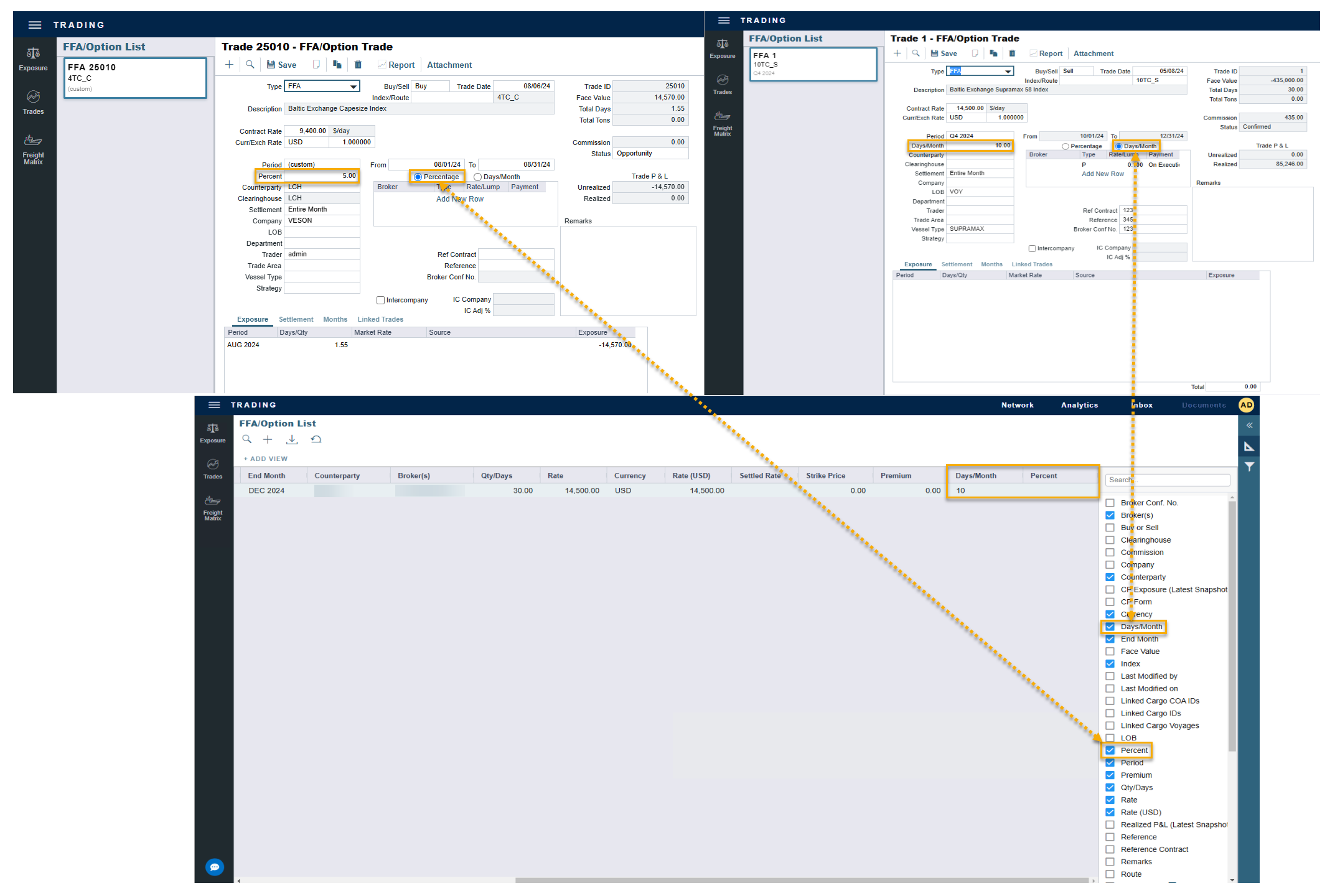 Days Month and Percent fields in the IMOS Platform's FFA Option List
