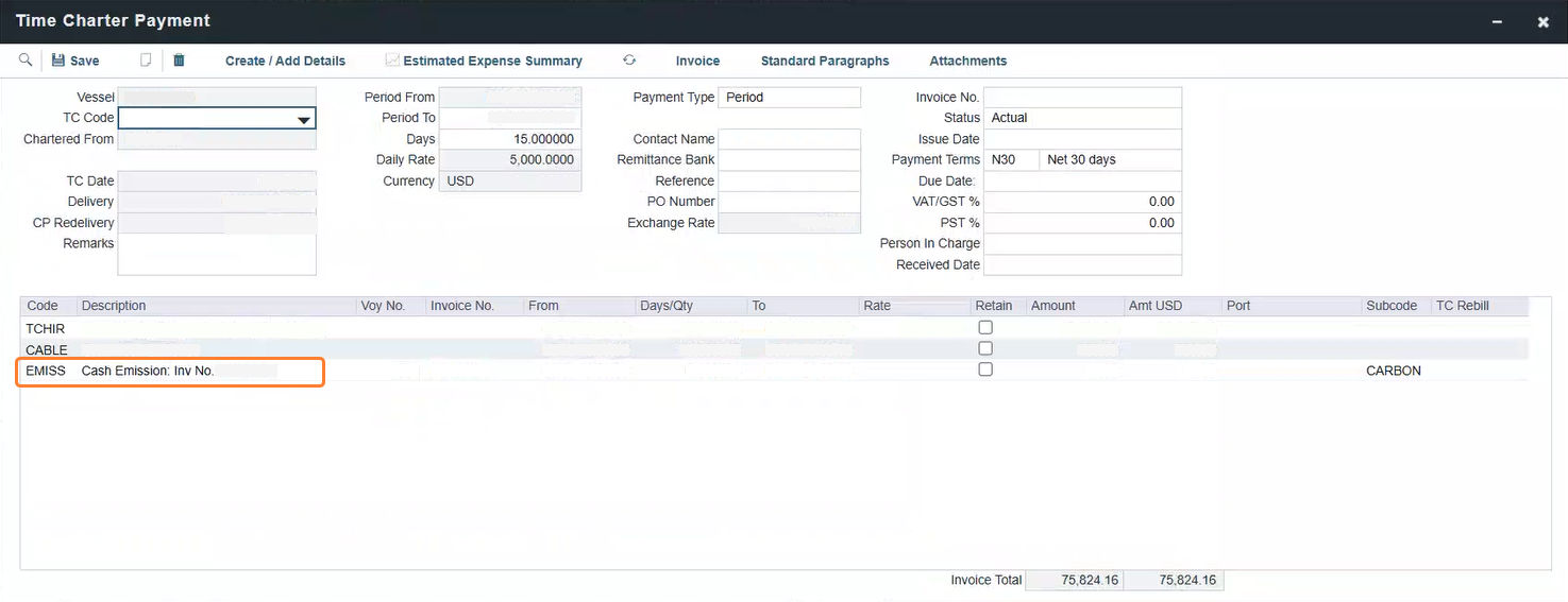 Emissions Invoice in TC Payments in the IMOS Platform