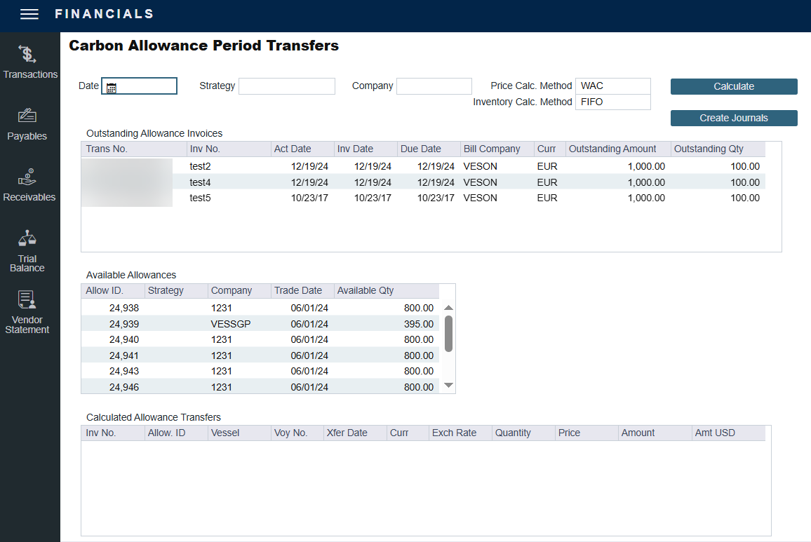 Carbon Allowance Period Transfers form in the IMOS Platform Financials Module