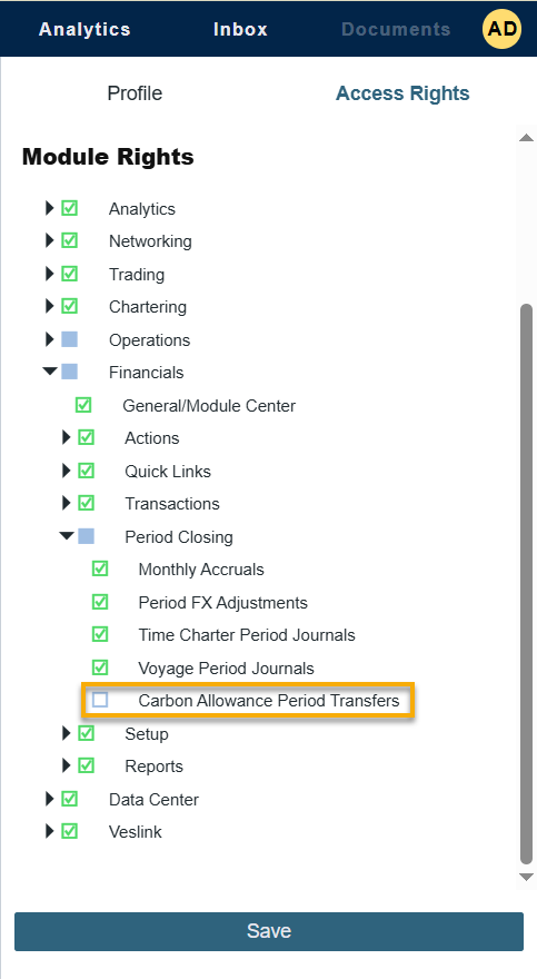 Carbon Allowance Period Transfers permission in the IMOS Platform Module Rights