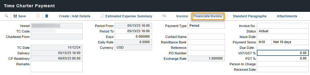 Time Charter Payment Form in the IMOS Platform