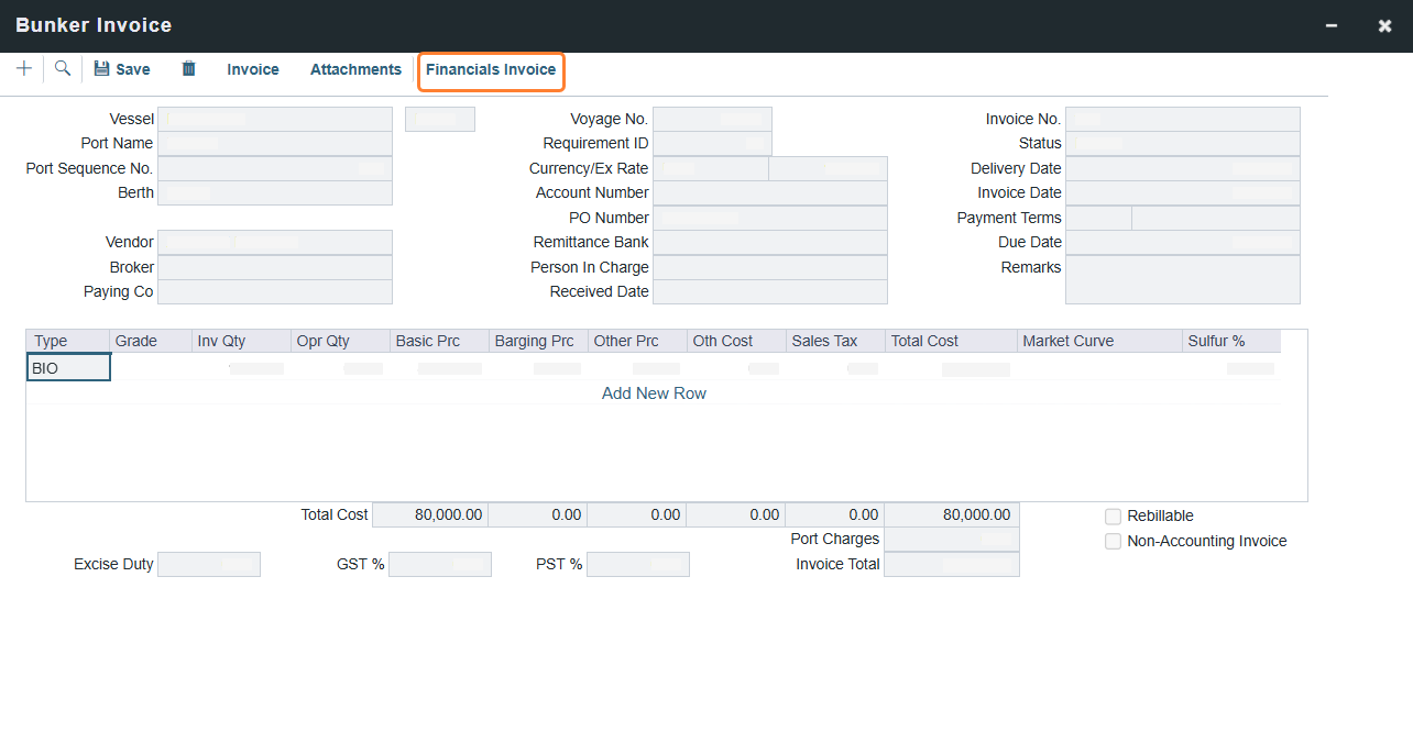 Financials Invoice link in the IMOS Platform Bunker Invoice