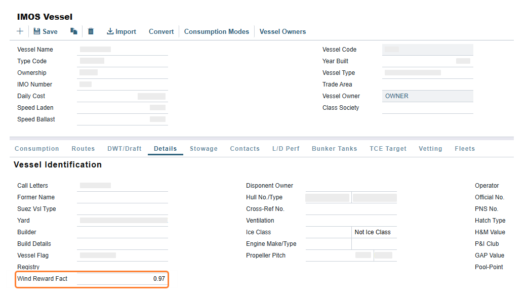 Vessel Details tab in IMOS