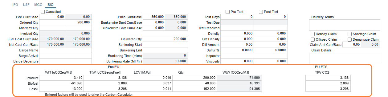 Bunker Purchase form in the IMOS Platform