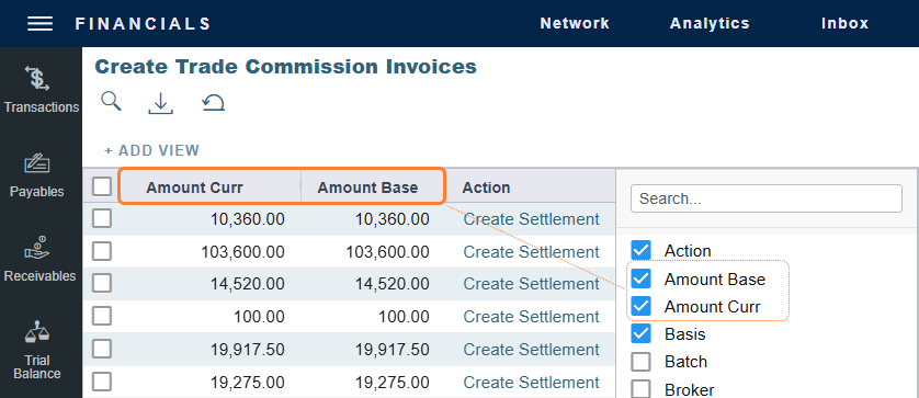 Amount columns in Trade Commission Invoices List in the IMOS Platform