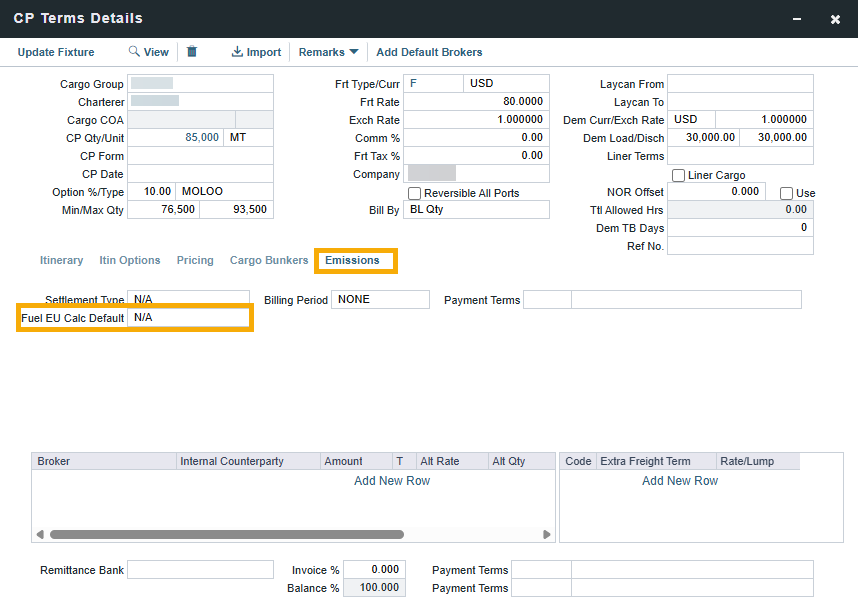Fuel EU Calc Default field in CP Terms Details form in the IMOS Platform