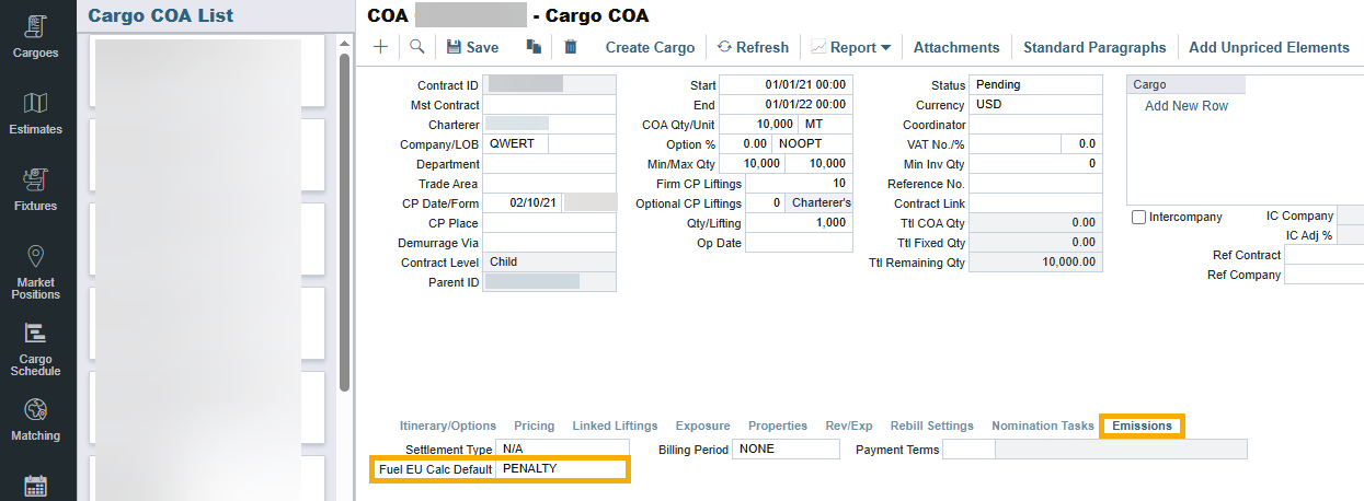 Fuel EU Calc Default field in Cargo COA of the IMOS Platform