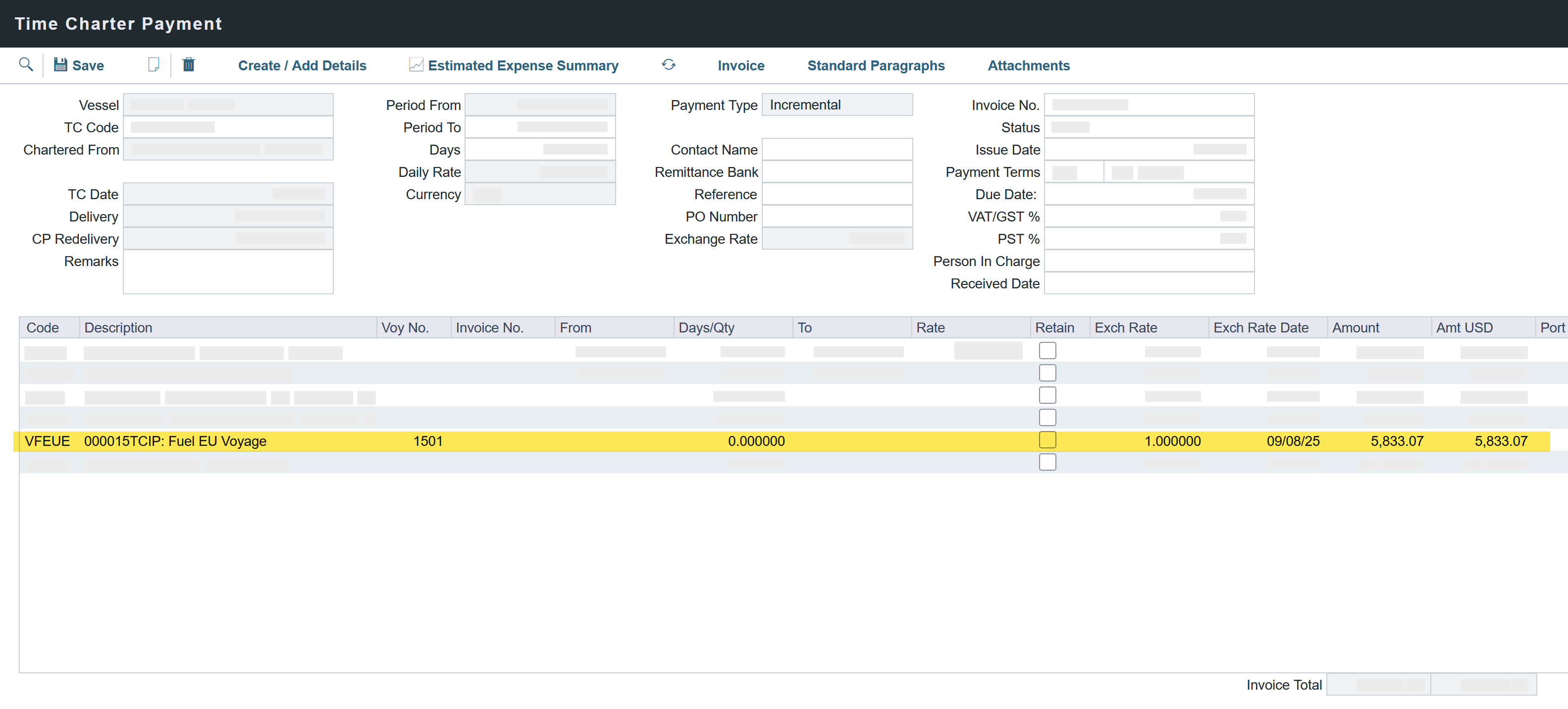 Incremental invoices on the Voyage Fuel EU Expense (VFEUE) in IMOS
