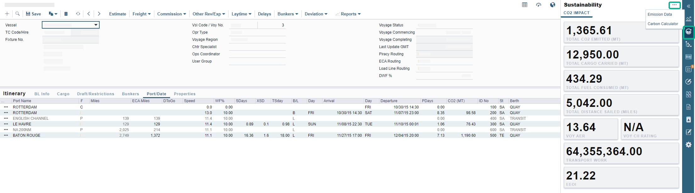 Accessing the Carbon Calculator from the Voyage Manager in the IMOS Platform