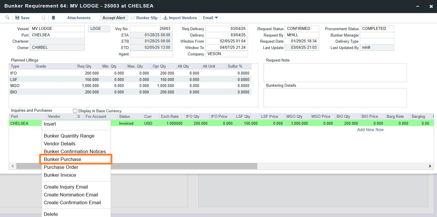 Bunker Purchase option in the Bunker Requirement Form of the IMOS Platform