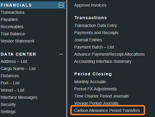 Carbon Allowance Period Transfers in the IMOS Platform Financials Module