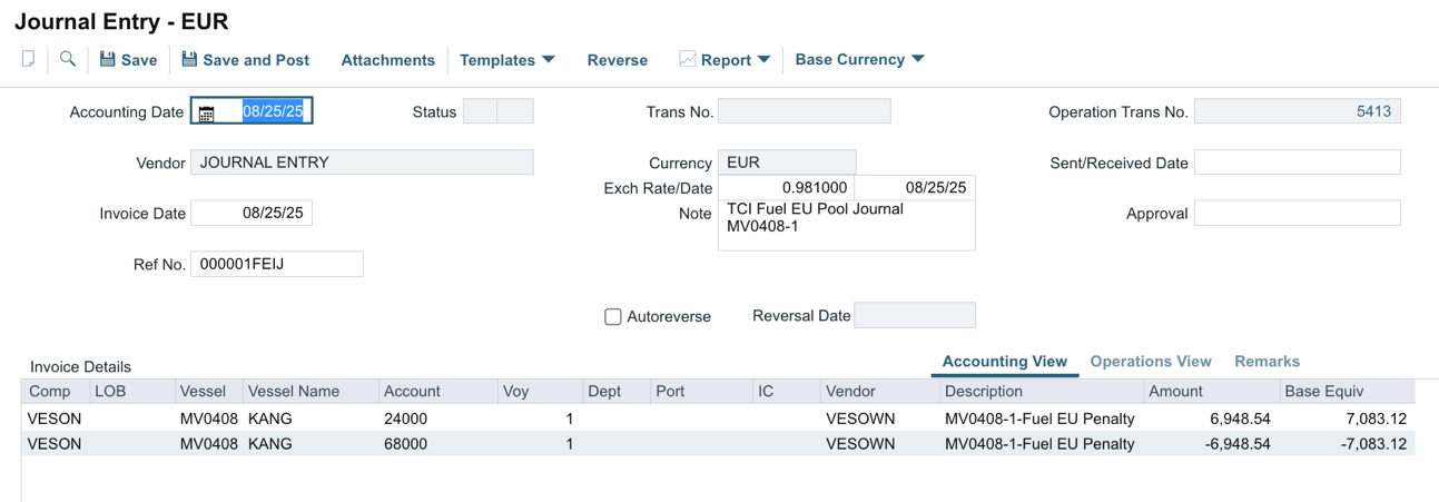 Journal Entry with a FuelEU penalty