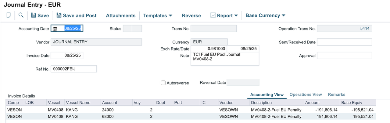 Journal Entry with a negative FuelEU penalty