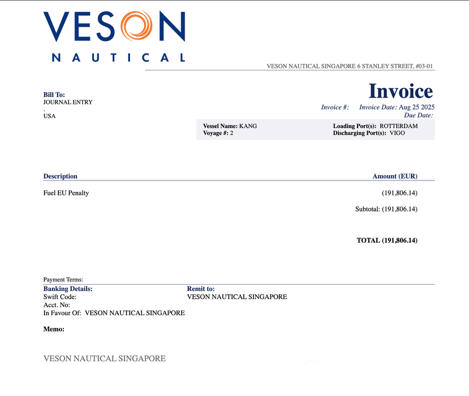 Invoice example of FuelEU penalty in the IMOS Platform